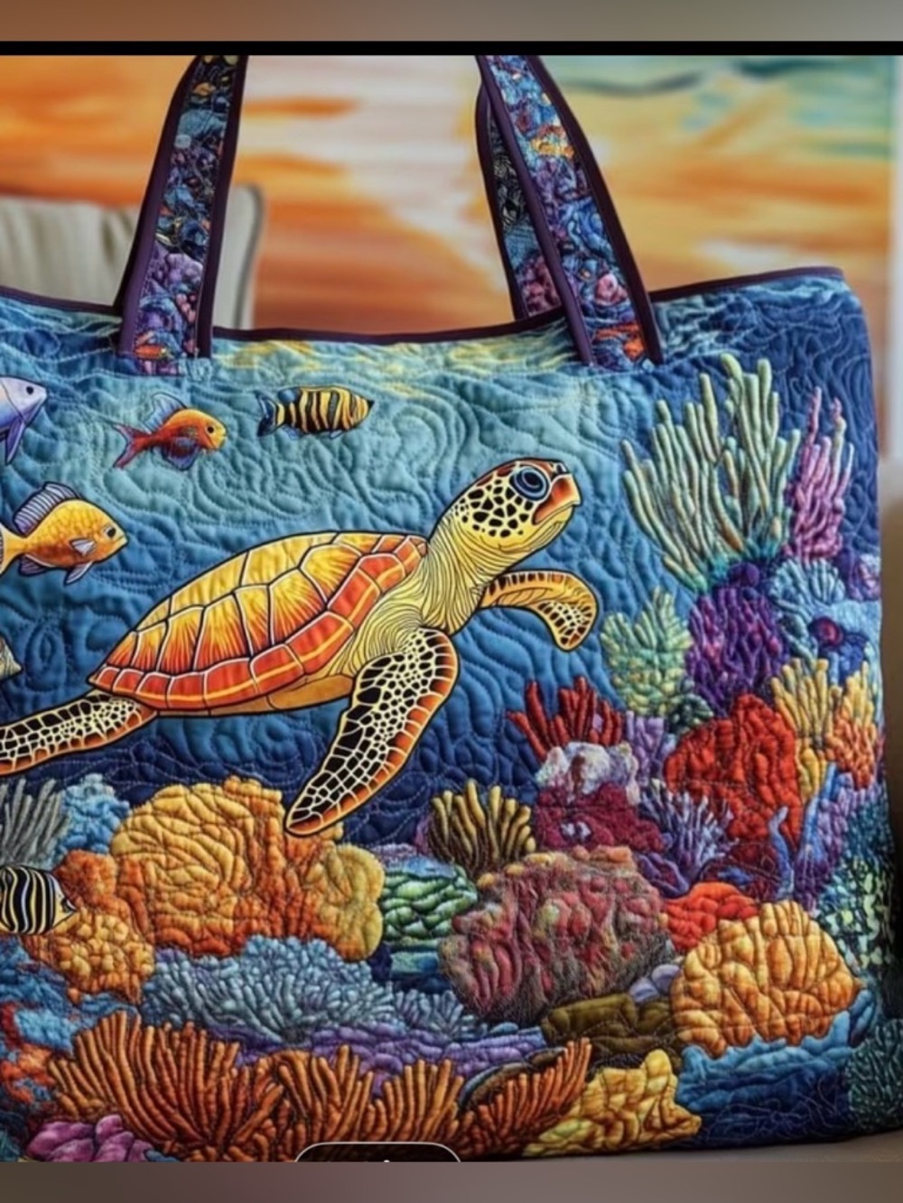Ocean Turtle Quilt Tote Bag in Blue and Multicolor